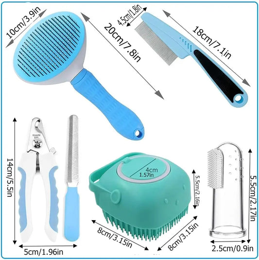 7Pcs Pet Grooming Kit, Self-Cleaning Brush Shedding Kit with Nail Clipper, Flea Comb, Shampoo Bath Brush, Finger Toothbrush