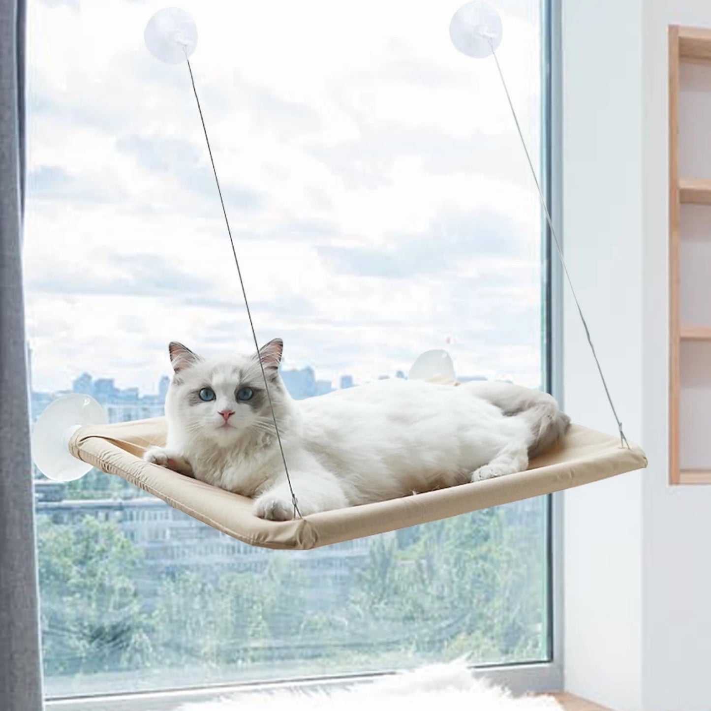 Elevate Your Cat's Comfort with the Khaki Cat Window Perch - Perfect for Sunbathing and Play!